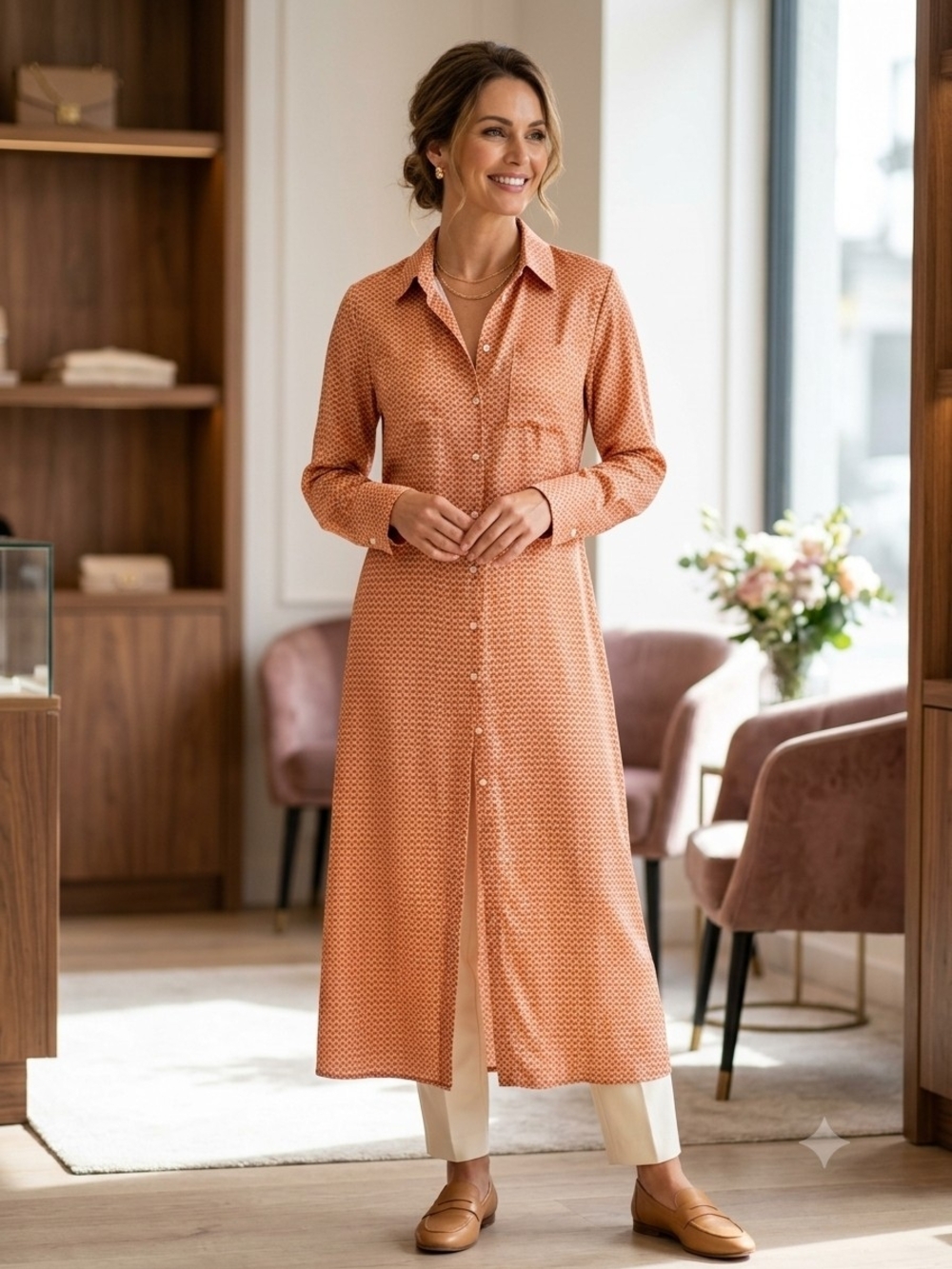 Zara Button-Front Long SILKY Shirt Dress in Rust Geo Print - S